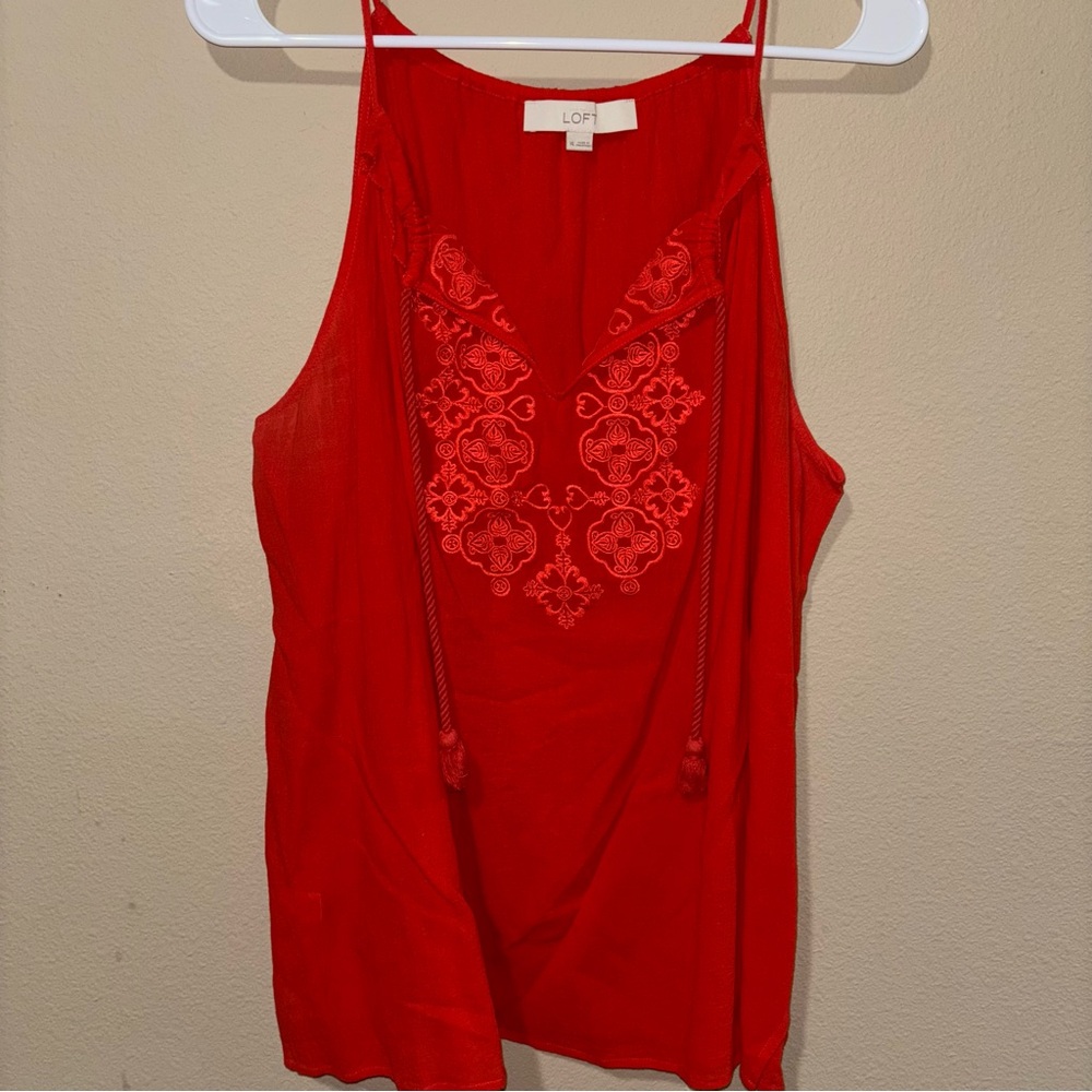 LOFT Red Embroidered Tank Top